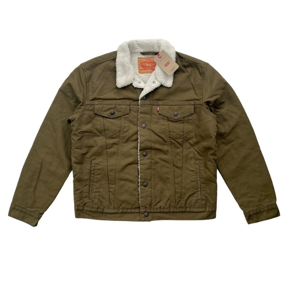 Levis Jeans Mens Army Olive Green Type 3 Quilted Sleeve Sherpa Trucker Jacket